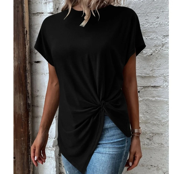 Rouge! Tops - Twist Detail Black Tee Shirt Short Sleeve Round Neck